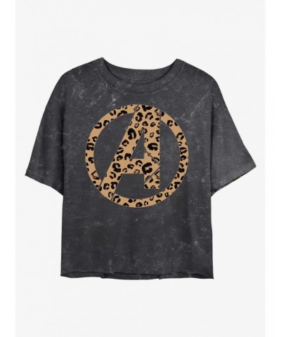 Marvel Avengers Leopard Fill Avengers Logo Mineral Wash Crop Girls T-Shirt $8.32 T-Shirts