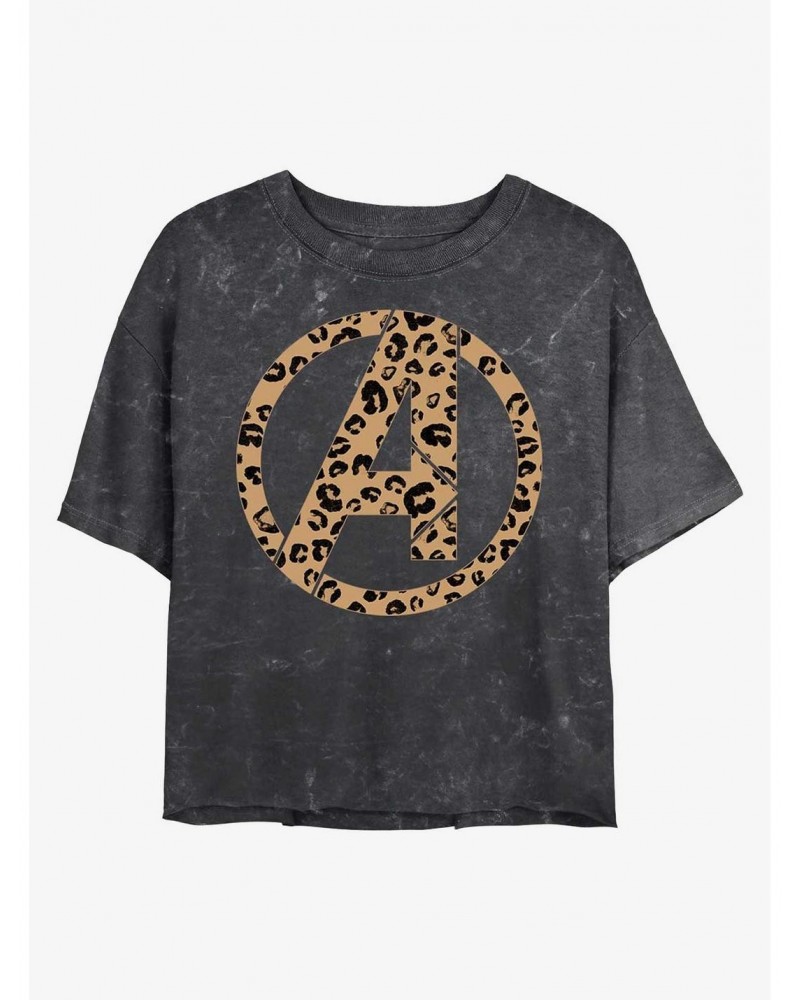 Marvel Avengers Leopard Fill Avengers Logo Mineral Wash Crop Girls T-Shirt $8.32 T-Shirts